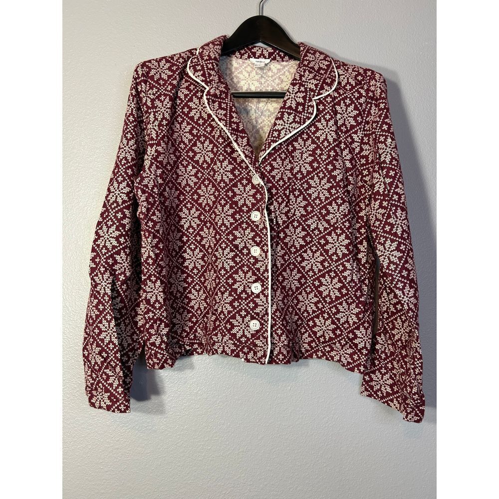Forever 21 Burgundy Nordic Snowflake Print Button Down Pajama Top Size L